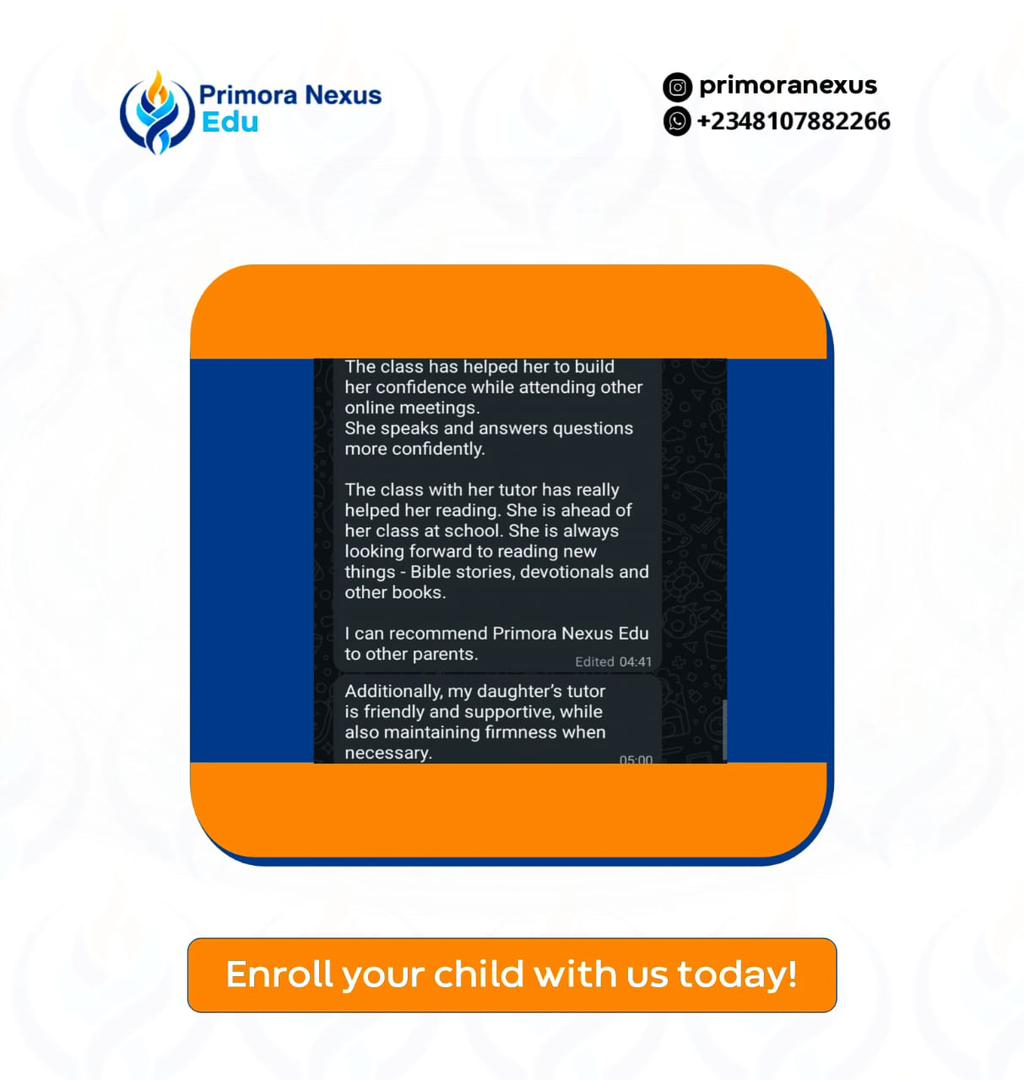 Parent message: The class has helped build her confidence. She speaks and answers questions more confidently. I can recommend Primorix Edu to other parents.